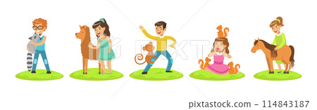 Happy Children and Cute Animals In Petting Zoo Vector Set 114843187