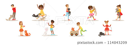 Happy Boy and Girl Play with Cat Pet Vector Set 114843209