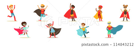 Boy and Girl Superhero Kid Character in Mask and Cloak Vector Set 114843212