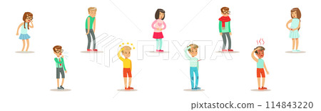 Sick and Unhealthy Boy and Girl Kid Character Feel Unwell Vector Set Sick and Unhealthy Boy and Girl Kid Character Feel Unwell Vector Set 114843220