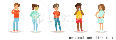 Sick and Unhealthy Boy and Girl Kid Character Feel Unwell Vector Set 114843223