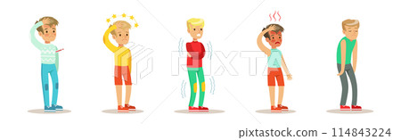 Sick and Unhealthy Boy Kid Character Feel Unwell Vector Set Sick and Unhealthy Boy Kid Character Feel Unwell Vector Set 114843224