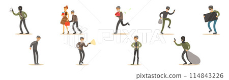 Man Thief or Robber Commits Crime and Robbery Vector Set Man Thief or Robber Commits Crime and Robbery Vector Set 114843226