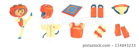 Taekwondo Fight and Martial Arts Object and Equipment Vector Set 114843233