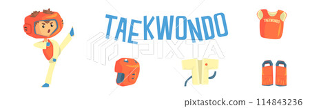 Taekwondo Fight and Martial Arts Object and Equipment Vector Set Taekwondo Fight and Martial Arts Object and Equipment Vector Set 114843236