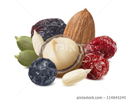 Macadamia nut, pumpkin and sunflower seeds, raisin, blueberry and cranberry isolated on white Macadamia nut, pumpkin and sunflower seeds, raisin, blueberry and cranberry isolated on white 114843245