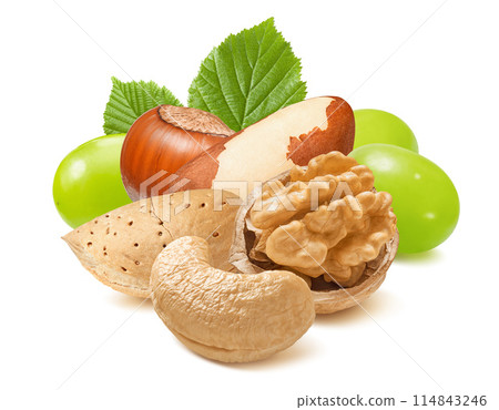 Almond in shell, cashew, brazil nut, walnut, hazelnut and green grapes isolated on white background. 114843246