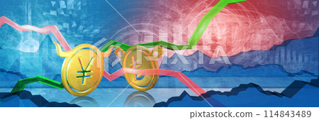 bullish jpy or cny stopped by bearish try. foreign exchange market 3d illustration of japanese yen or chinese yuan to turkish lira. currency represented as golden coins 114843489