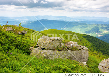 boulder on the grassy alpine slope. carpathian mountains in summer on a cloudy day boulder on the grassy alpine slope. carpathian mountains in summer on a cloudy day 114843579