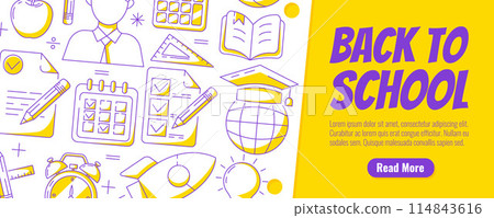 Back to school flyer, vector modern minimalist design with school supplies, stationery, sheet of paper. Education, learning, knowledge concept. For banner, poster, web, event, advertising, website Back to school flyer, vector modern minimalist design with school supplies, stationery, sheet of paper. Education, learning, knowledge concept. For banner, poster, web, event, advertising, website 114843616