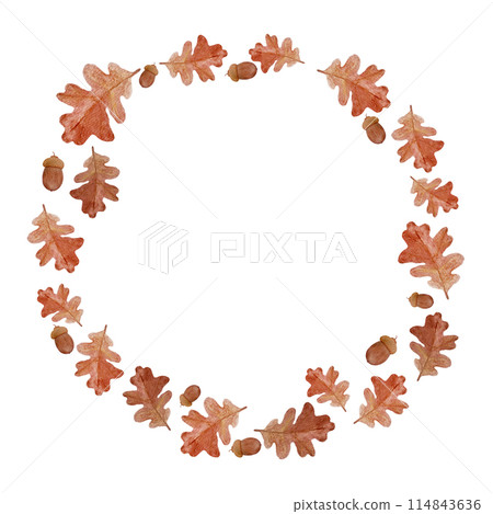 An oak leaf and acorn wreath with an acorn watercolor isolated on white 114843636
