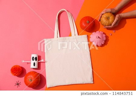 A white bag with pumpkins and a decorative ghost 114843751