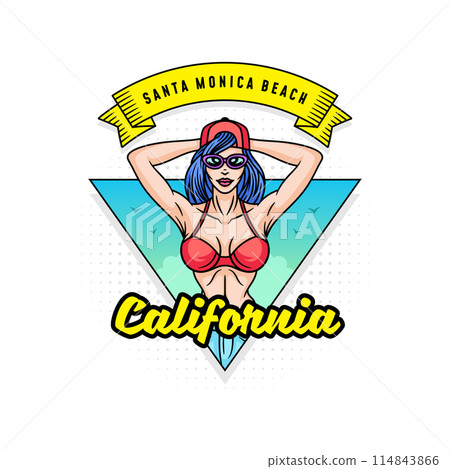 Positive pop art style girl or woman on beach 114843866