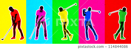 Multiple movements. Man playing golf against multicolored background. Contemporary art collage. Contemporary art collage. 114844086