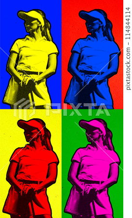 Collage of four colorful image of young woman in uniform standing with golf club against multicolored background. Contemporary artwork. Collage of four colorful image of young woman in uniform standing with golf club against multicolored background. Contemporary artwork. 114844114