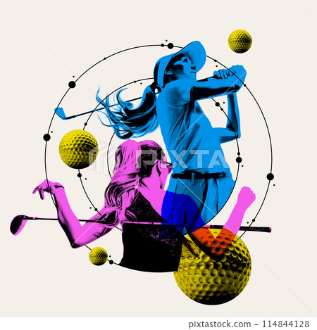 Young girl with golf clubs in motion, golfer player against light background with abstract element and golf balls. Contemporary art collage. 114844128