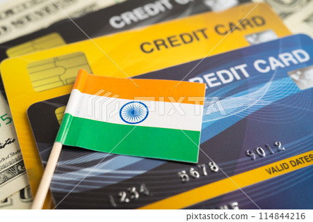 Credit card model with India flag, financial investment economy business banking. 114844216