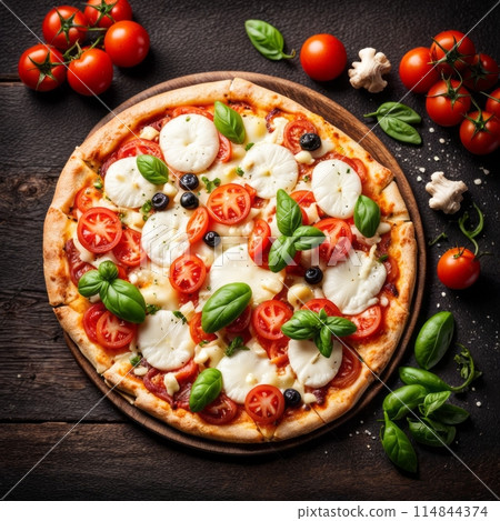 Traditional Italian pizza Margarita with mozzarella and tomatoes dark wooden table 114844374