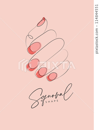 Woman hand with pink color oval shape nails peach 114844551