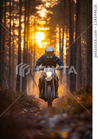 Motorcyclist riding dirt bike through dense forest at sunset. Sense of adventure and challenge Motorcyclist riding dirt bike through dense forest at sunset. Sense of adventure and challenge 114844616