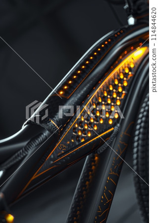 Close-up of high-tech bicycle frame, showcasing its intricate design and advanced materials against dark background 114844620