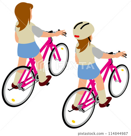 A JK with one leg on a bicycle, seen from behind 114844987