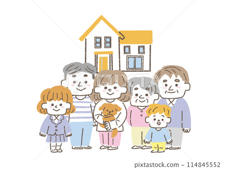 Illustration of a family living in a two-generation house 114845552