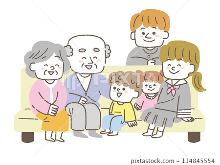 Illustration of an elderly couple having fun with their grandchildren Illustration of an elderly couple having fun with their grandchildren 114845554