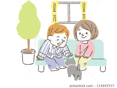 一對年輕夫婦撫摸他們的寵物貓的插圖 一對年輕夫婦撫摸他們的寵物貓的插圖 114845557