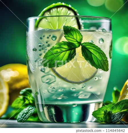 Cold and refreshing infused water with lime, mint and ice in glass. Copyspace Cold and refreshing infused water with lime, mint and ice in glass. Copyspace 114845642