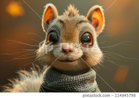 Playful illustration of a squirrel dressed in cozy autumn clothing with detailed 114845798