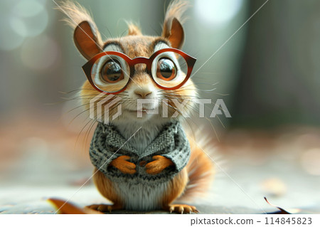 Playful illustration of a squirrel dressed in cozy autumn clothing with detailed 114845823