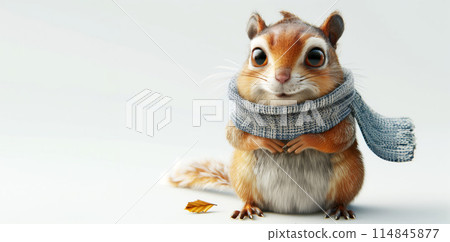 Playful illustration of a squirrel dressed in cozy autumn clothing with detailed 114845877
