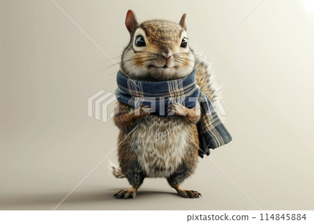 Playful illustration of a squirrel dressed in cozy autumn clothing with detailed Playful illustration of a squirrel dressed in cozy autumn clothing with detailed 114845884