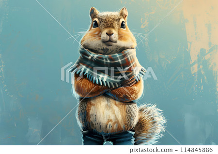 Playful illustration of a squirrel dressed in cozy autumn clothing with detailed 114845886