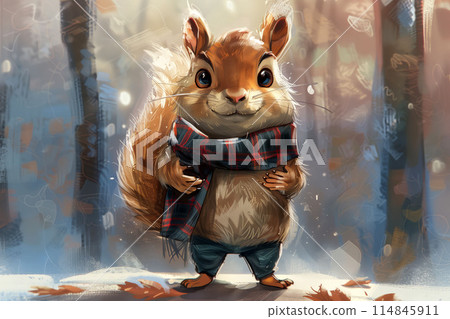 Playful illustration of a squirrel dressed in cozy autumn clothing with detailed 114845911