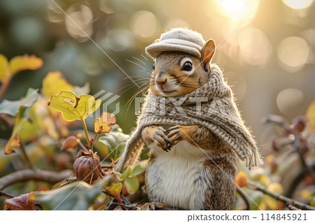 Playful illustration of a squirrel dressed in cozy autumn clothing with detailed Playful illustration of a squirrel dressed in cozy autumn clothing with detailed 114845921