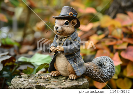 Playful illustration of a squirrel dressed in cozy autumn clothing with detailed 114845922