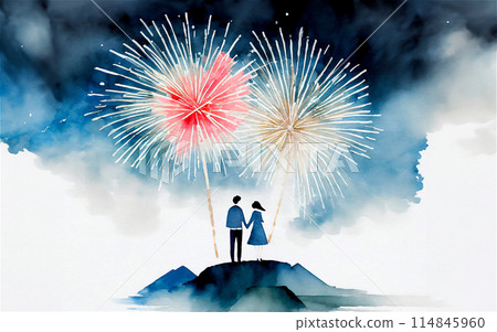 Fireworks and couples August Seasonal illustration 114845960