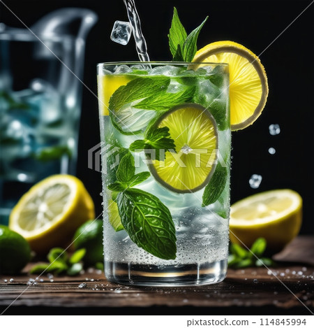 Cold and refreshing infused water with lime, mint and ice in glass. Copyspace Cold and refreshing infused water with lime, mint and ice in glass. Copyspace 114845994