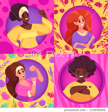 Hand drawn flat cartoon international women day illustration with female characters and flowers 114846008