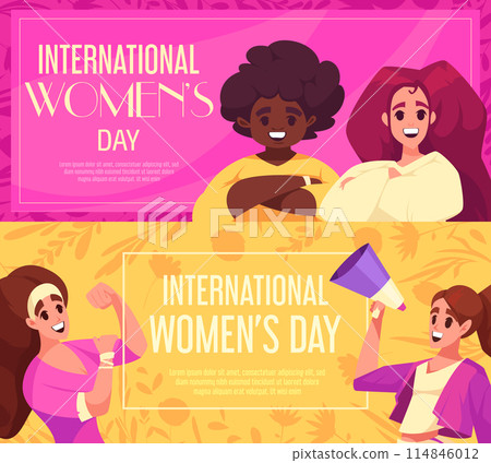 Hand drawn flat cartoon women day horizontal banner template collection with female characters 114846012