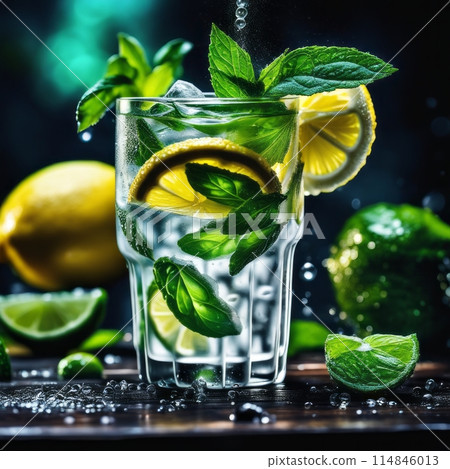 Cold and refreshing infused water with lime, mint and ice in glass. Copyspace 114846013