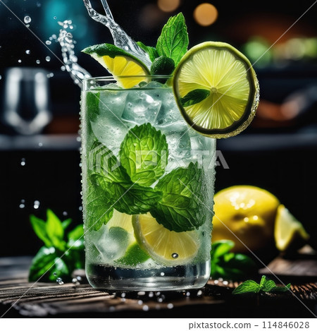 Cold and refreshing infused water with lime, mint and ice in glass. Copyspace 114846028