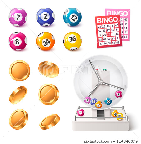 Realistic Bingo original element set collection with lottery card and balls 114846079