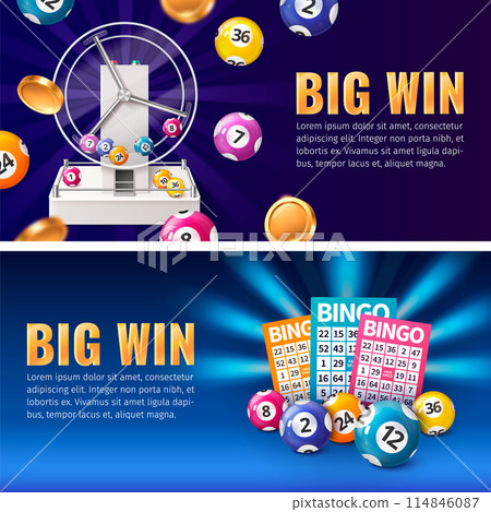 Realistic bingo horizontal banner template set collection with lottery cards and balls 114846087