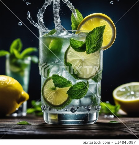 Cold and refreshing infused water with lime, mint and ice in glass. Copyspace 114846097