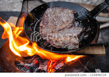 Camping food Camping food Camping meal Campfire food Bonfire Meat Steak Looks delicious 114846134