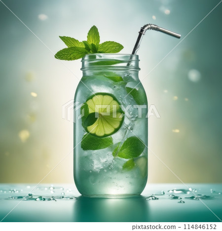 Cold and refreshing infused water with lime, ginger, mint and ice in mason jar. Copyspace 114846152
