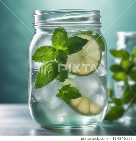 Cold and refreshing infused water with lime, ginger, mint and ice in mason jar. Copyspace 114846155